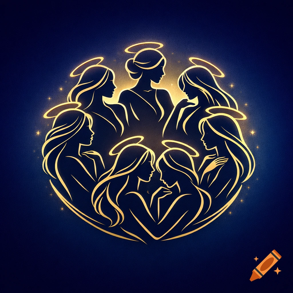 Stylized golden silhouette logo of seven women with halos arranged in a circle on a dark blue background with small stars.