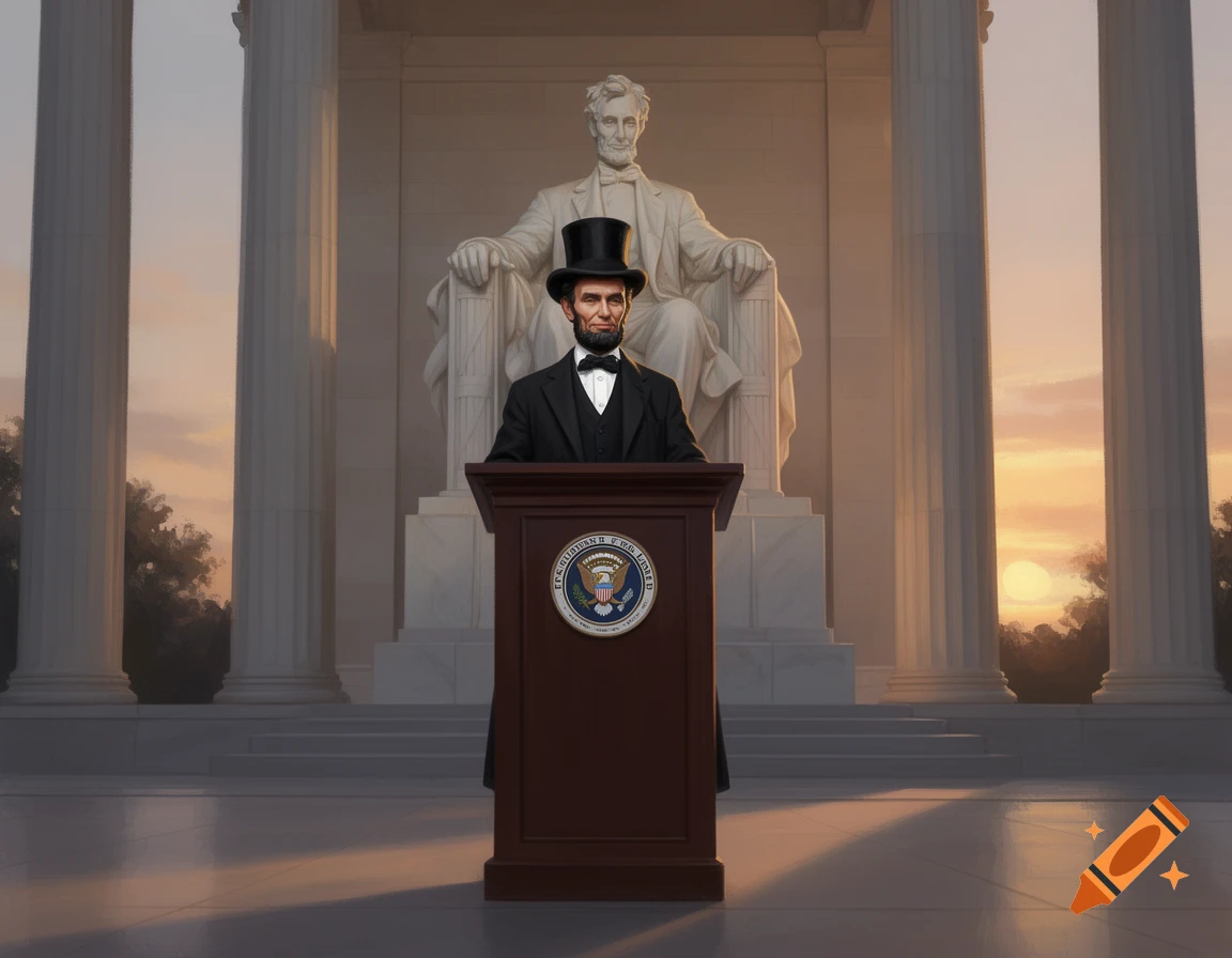 Abraham Lincoln, wearing a top hat and suit, stands at a podium in front of the Lincoln Memorial statue at sunset.