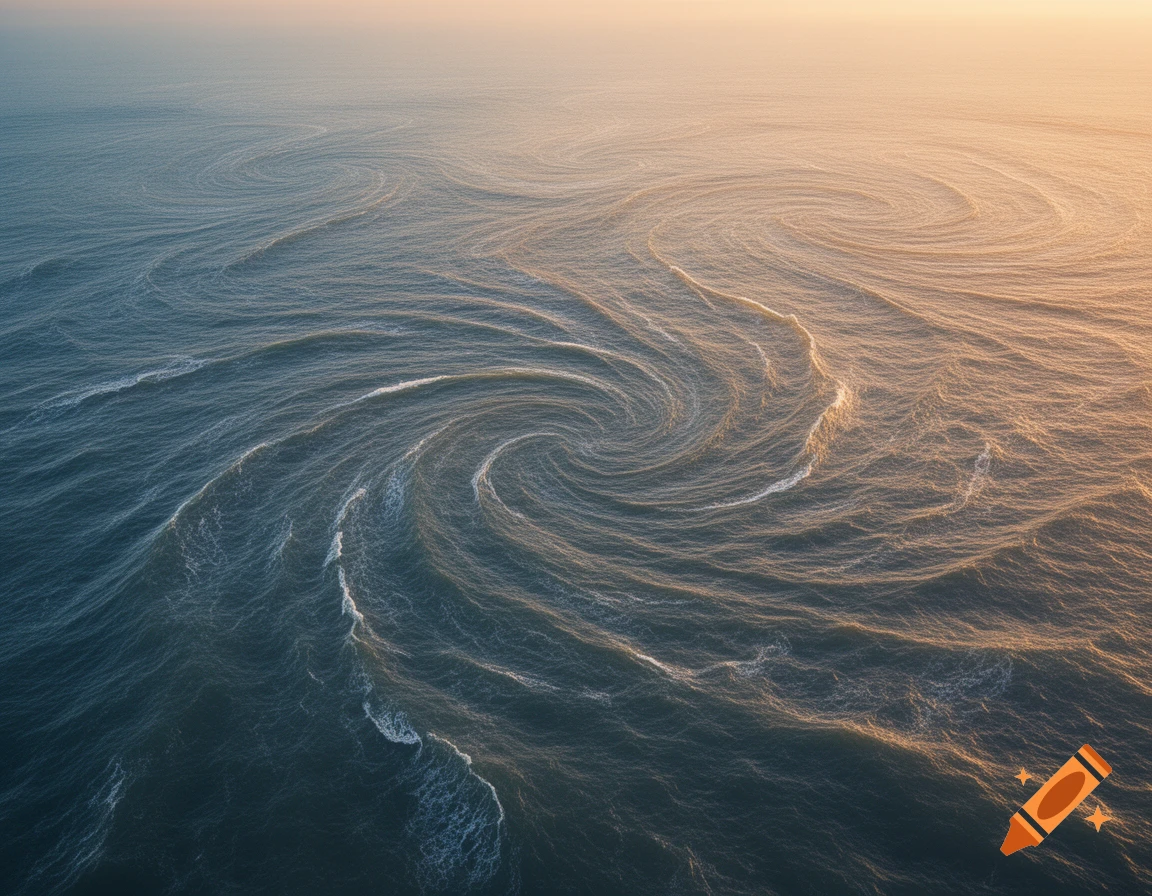 Aerial view of swirling ocean waves reflecting a blue to orange light gradient at sunrise or sunset.