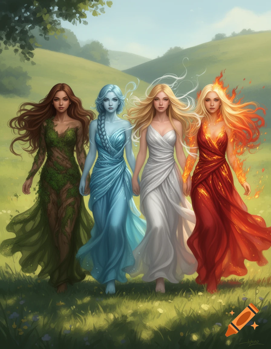 Four elemental women, representing earth, water, air, and fire, walk through a lush green field under a clear sky.