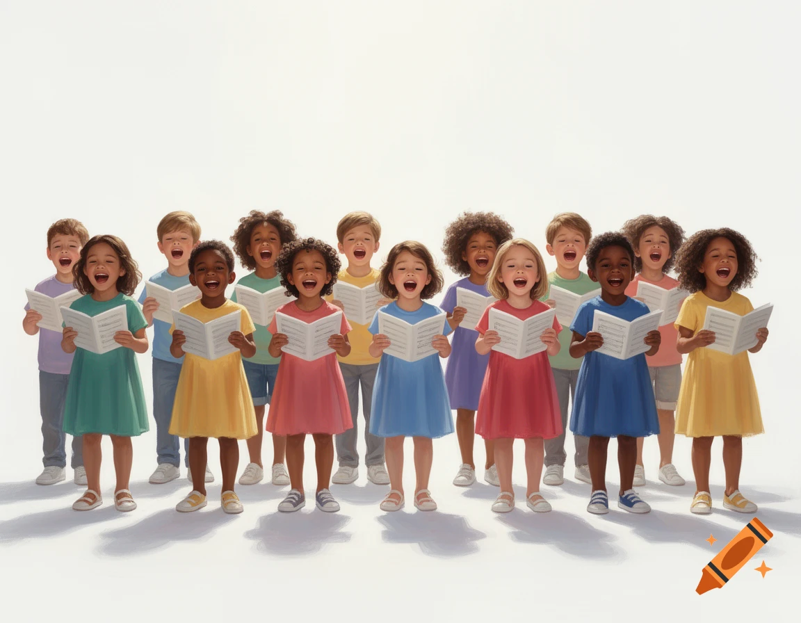 A diverse group of happy children in colorful dresses and shirts sing from songbooks against a white background, in an illustrative style.