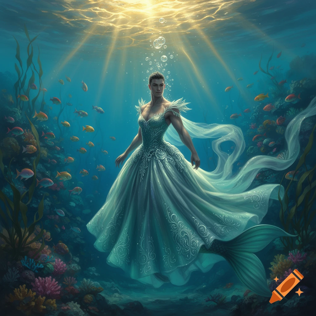 A merman in an ornate white ball gown with a flowing train swims gracefully underwater amidst coral and colorful fish, illuminated by sun rays.
