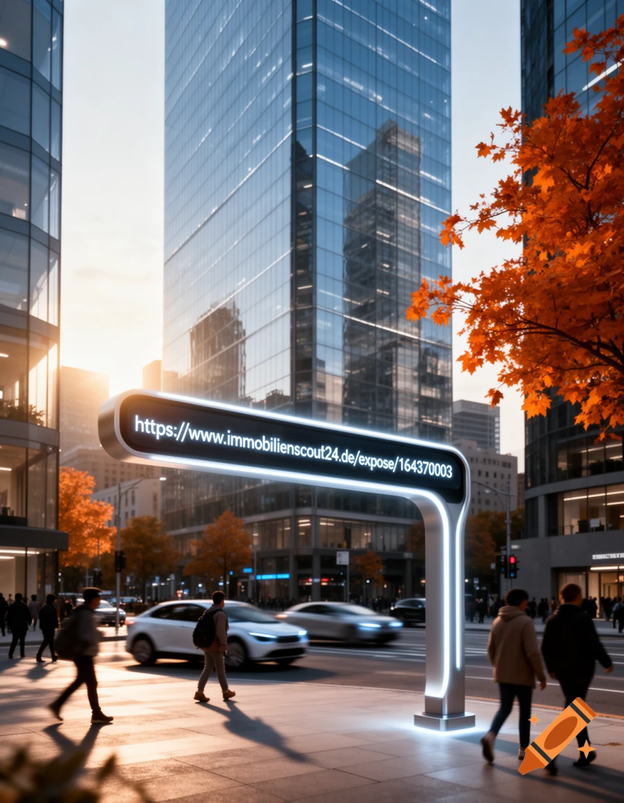 A modern city street scene at sunset, with tall glass buildings, people ...