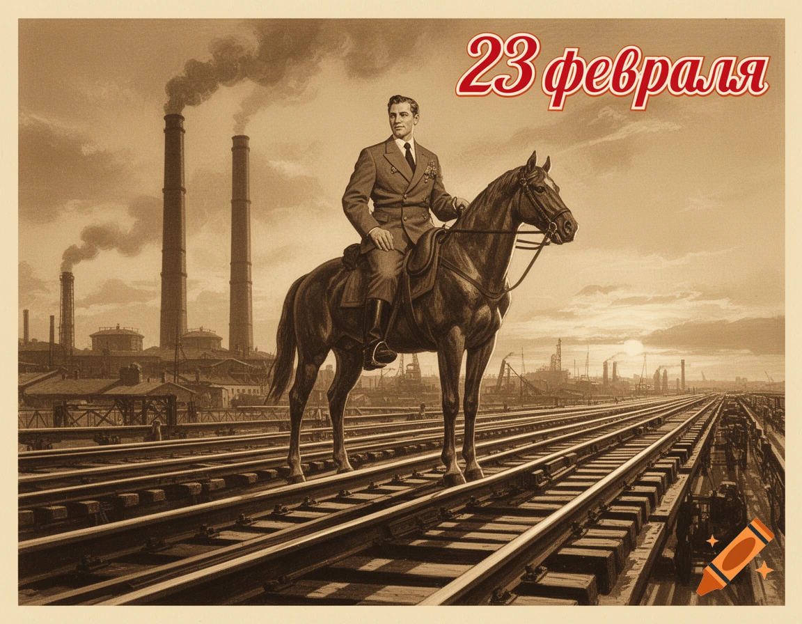 Vintage style postcard of a man in a suit on horseback on train tracks with an industrial cityscape and the text '23 февраля'.