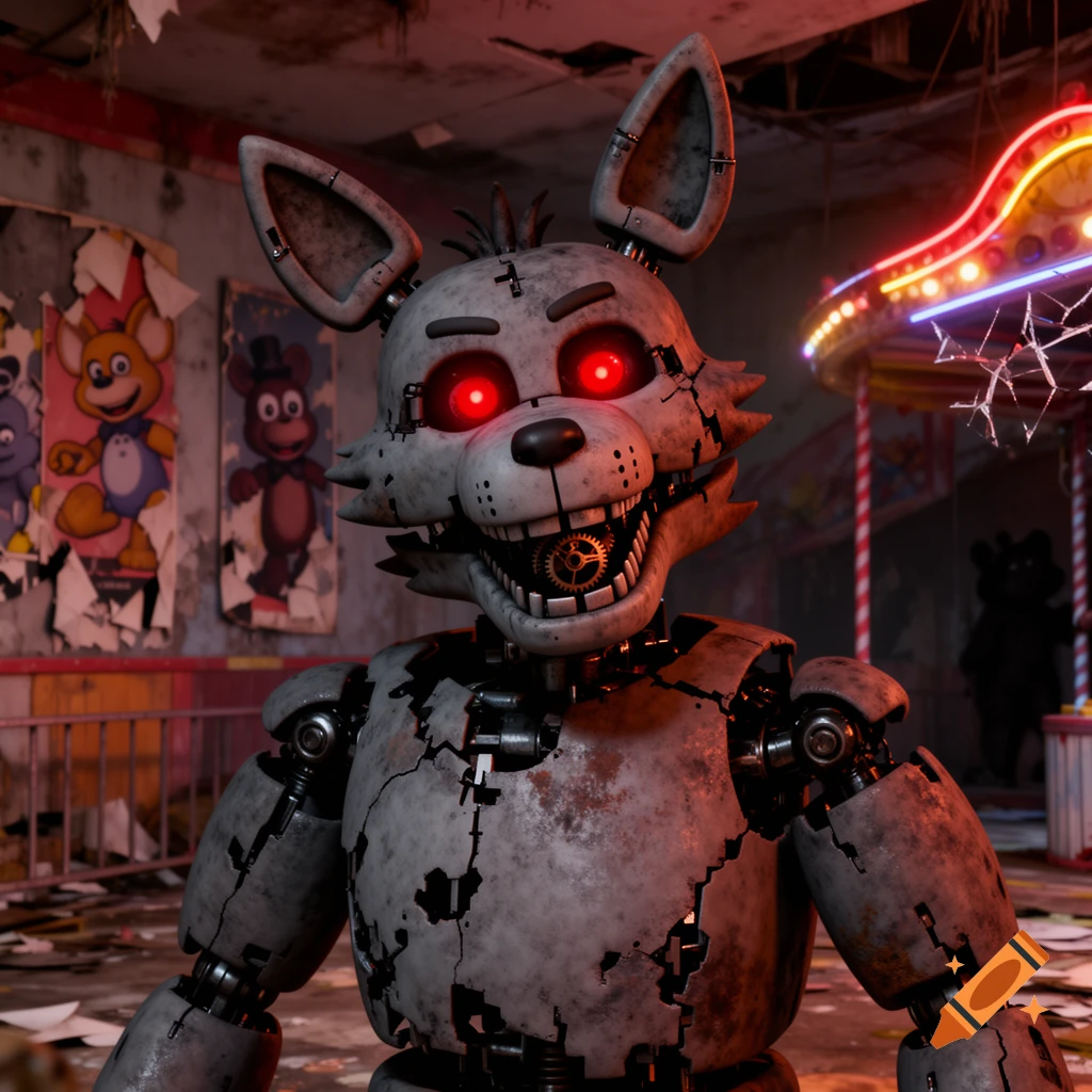 A terrifying, dilapidated grey animatronic coyote with glowing red eyes and exposed gears in its mouth, standing in a dark, abandoned amusement park.