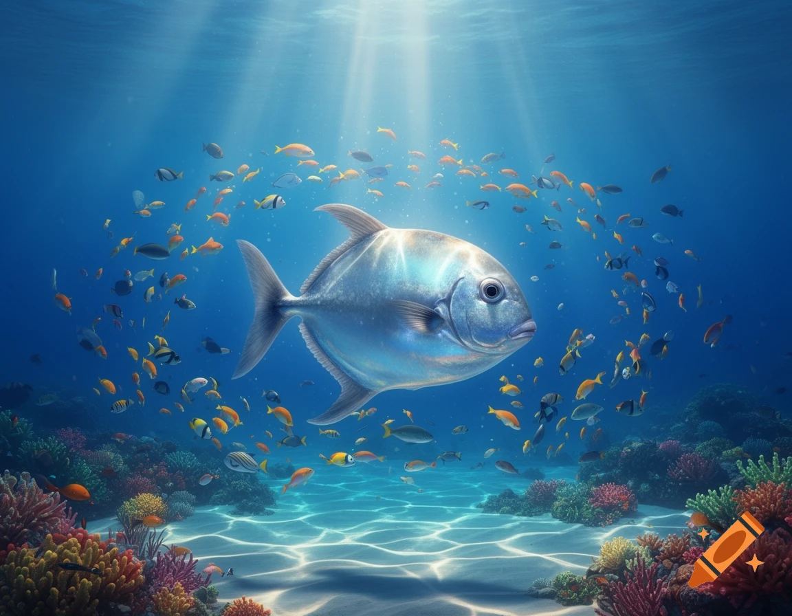 A large silvery fish swims amidst a school of smaller colorful fish and vibrant coral reefs under sunlit blue ocean water.