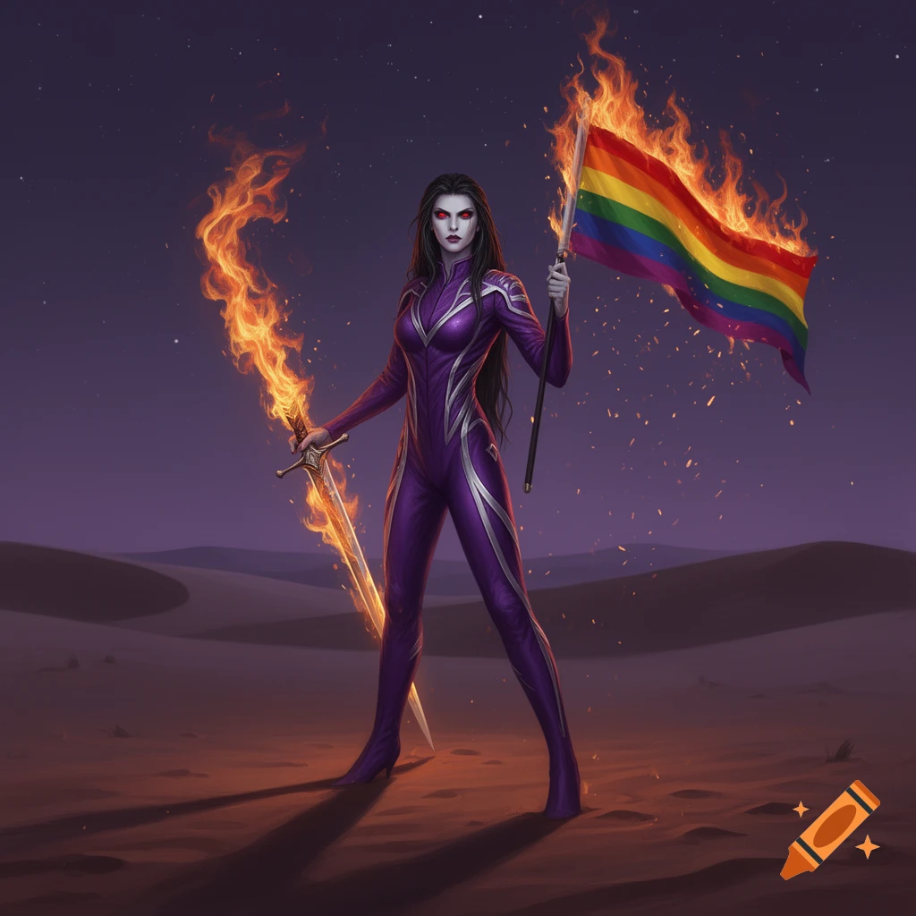 A female vampire in a purple suit with red eyes stands in a desert holding a flaming sword and a burning rainbow flag.