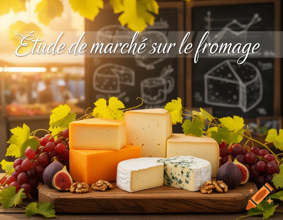 A still life of various cheeses, red grapes, figs, and walnuts on a wooden board, with the text 'Étude de marché sur le fromage' overlaid.