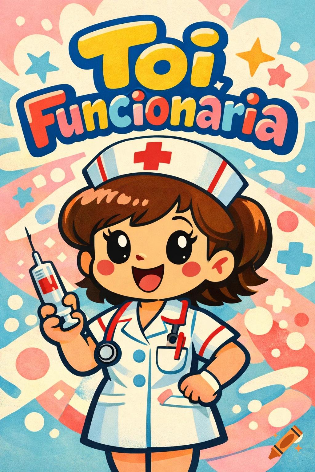 A cute cartoon nurse in uniform holds a syringe, smiling, with the text 'Toi Funcionaria' above in a vibrant, stylized illustration.
