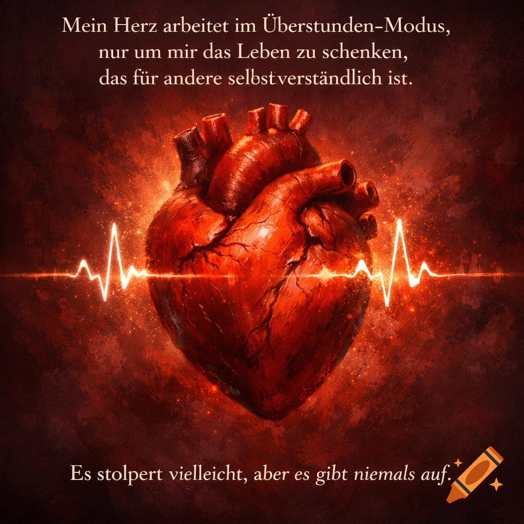 Stylized anatomical heart with glowing EKG line and German text on a fiery red background, digital art.