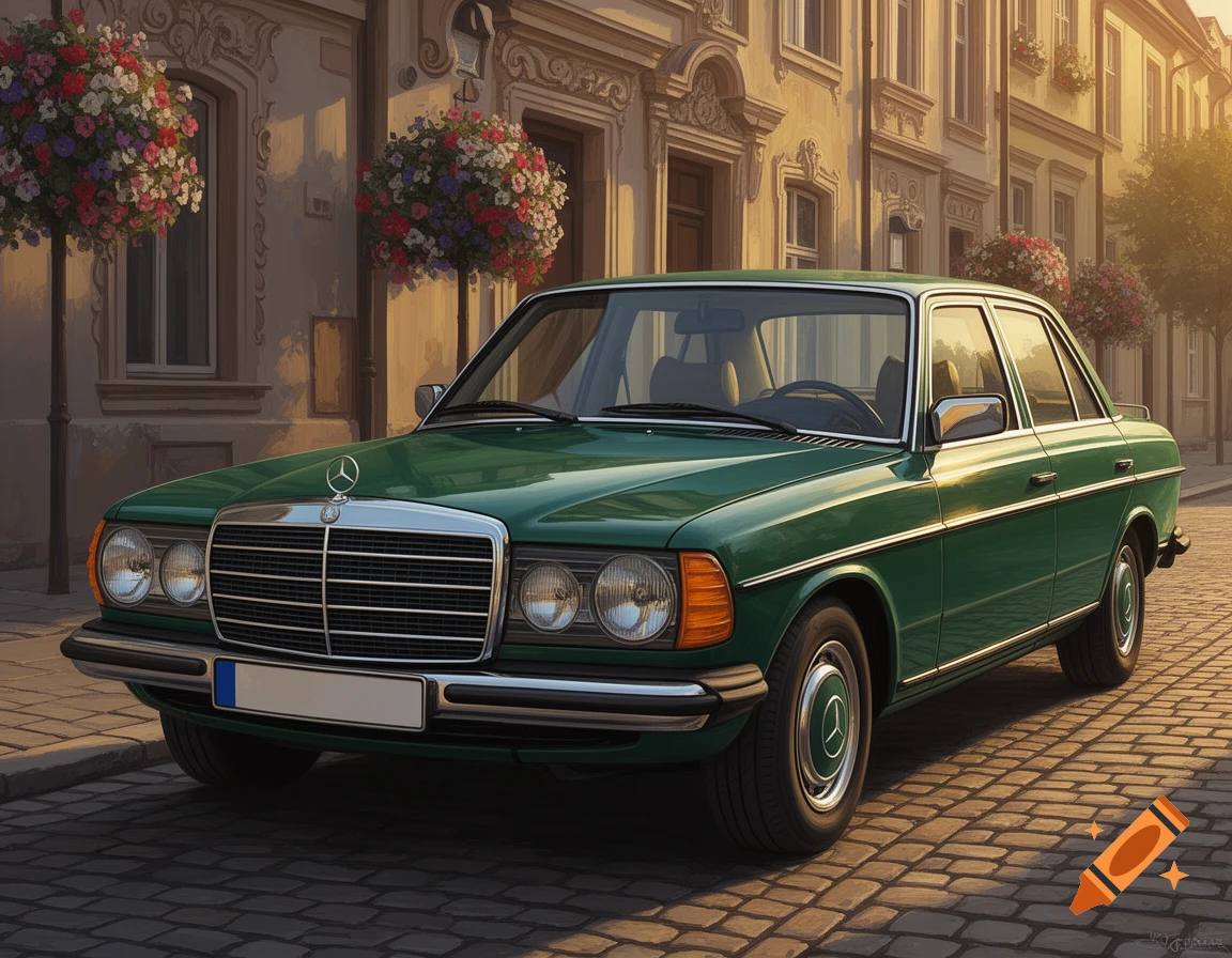 Green Mercedes W123 classic car parked on a cobblestone street in front of historic European buildings with flower baskets at sunset.