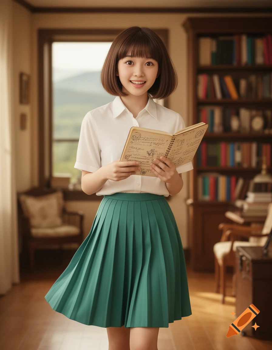A smiling young woman with a bob haircut, in a white shirt and green pleated skirt, holds an open notebook in a cozy room.