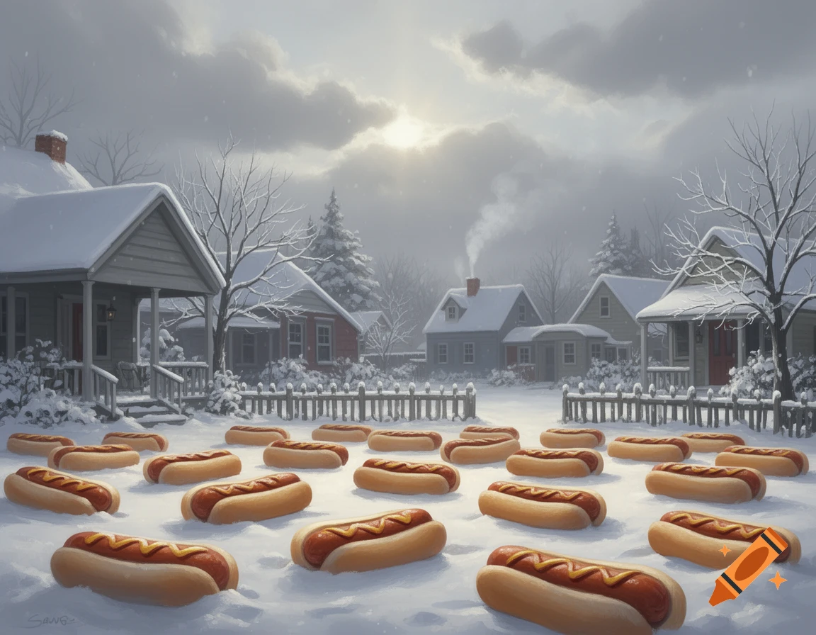 Hot dogs with mustard in buns are scattered across a snow-covered suburban neighborhood with houses and bare trees under a cloudy sky.