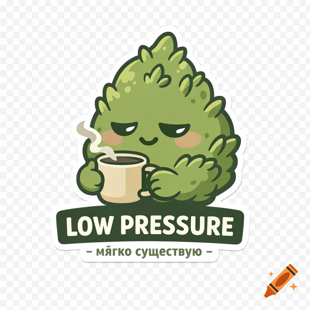Cute green cartoon bud character with a blush, holding a steaming coffee mug, with text "LOW PRESSURE – мягко существую –" below, sticker style.