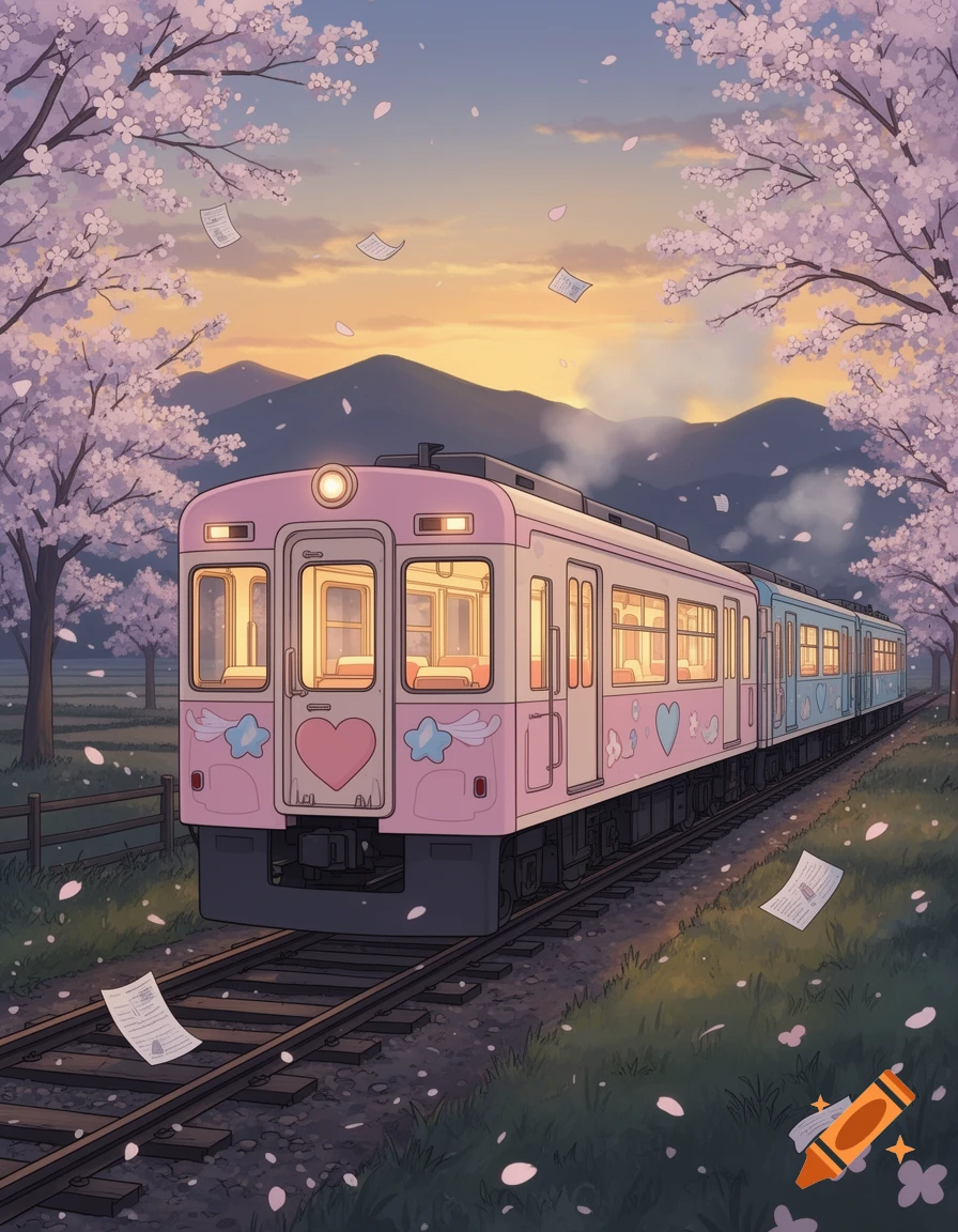 A pink and blue train travels on tracks through a spring landscape with cherry blossoms falling at sunset, in an anime/lofi style.