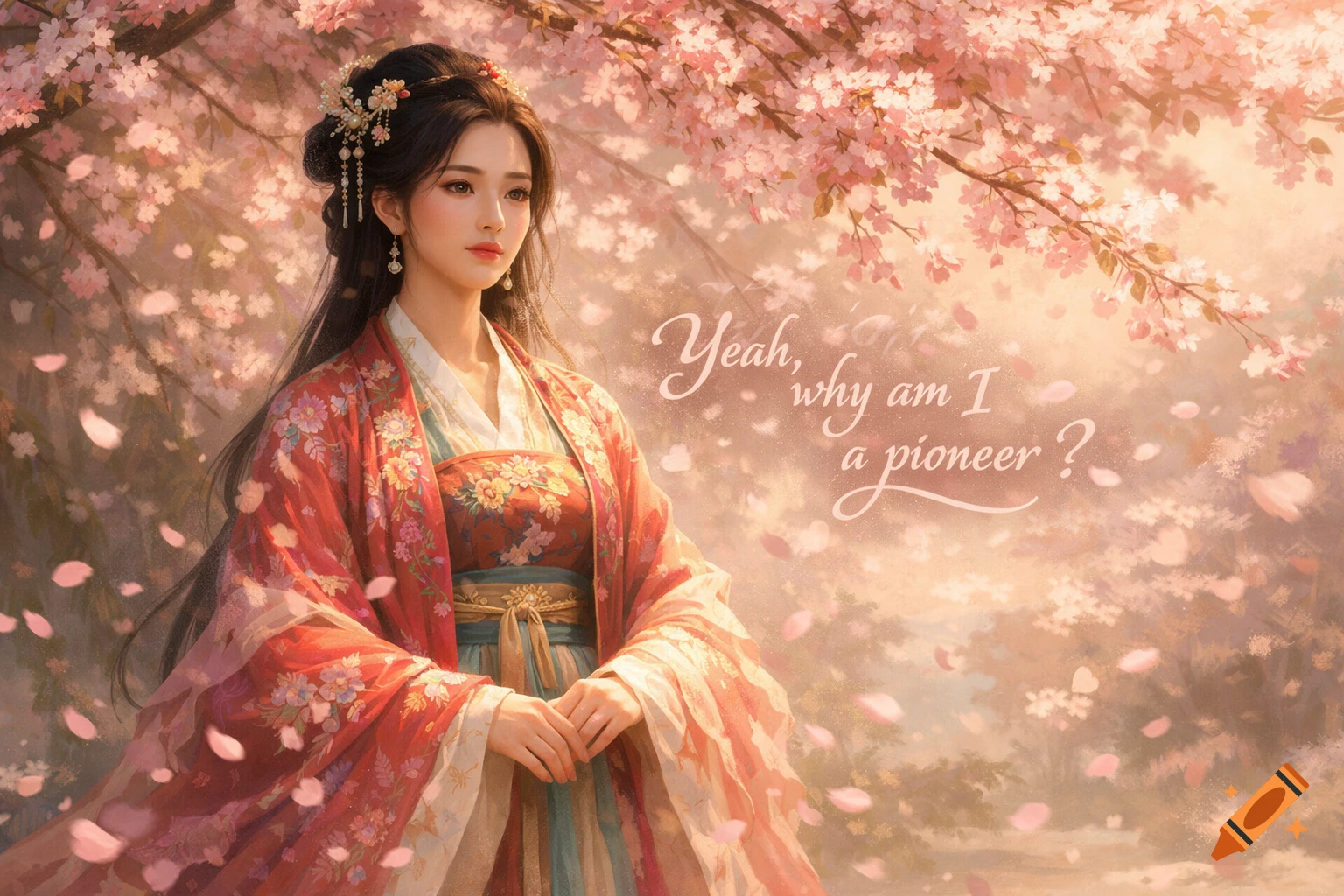 A beautiful Asian woman in intricate traditional red and floral clothing stands under a flowering cherry blossom tree, with text reading "Yeah, why am I a pioneer?" in a painterly art style.