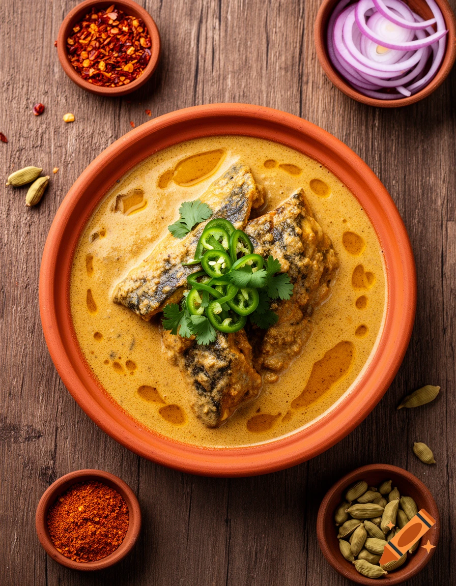 A top-down view of snakehead korma in an orange bowl, garnished with green chilies and cilantro, surrounded by spices on a wooden table.