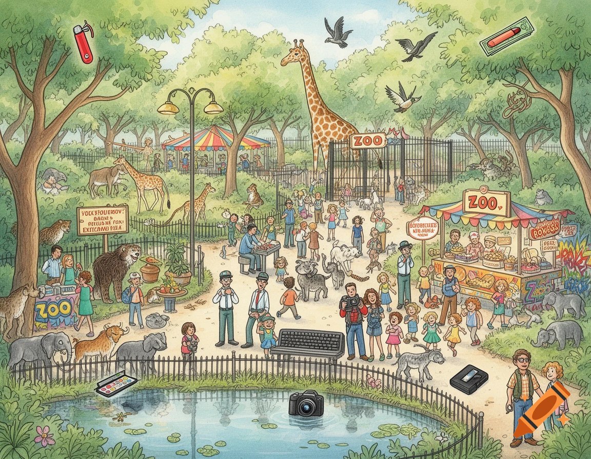 A very detailed, crowded, hand-painted watercolor illustration of a zoo with many people and animals, in a "Where's Waldo?" style.