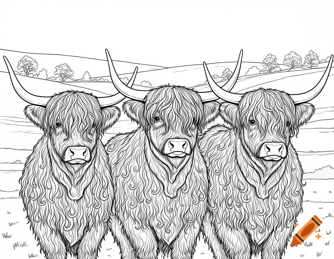 Three shaggy Highland cows with long horns stand in a row in a field, depicted in a black and white line art coloring book style.