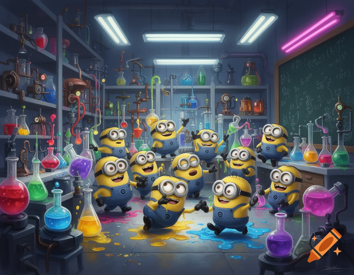 Numerous yellow Minions play and make a colorful mess in a vibrant science laboratory filled with beakers and liquids.