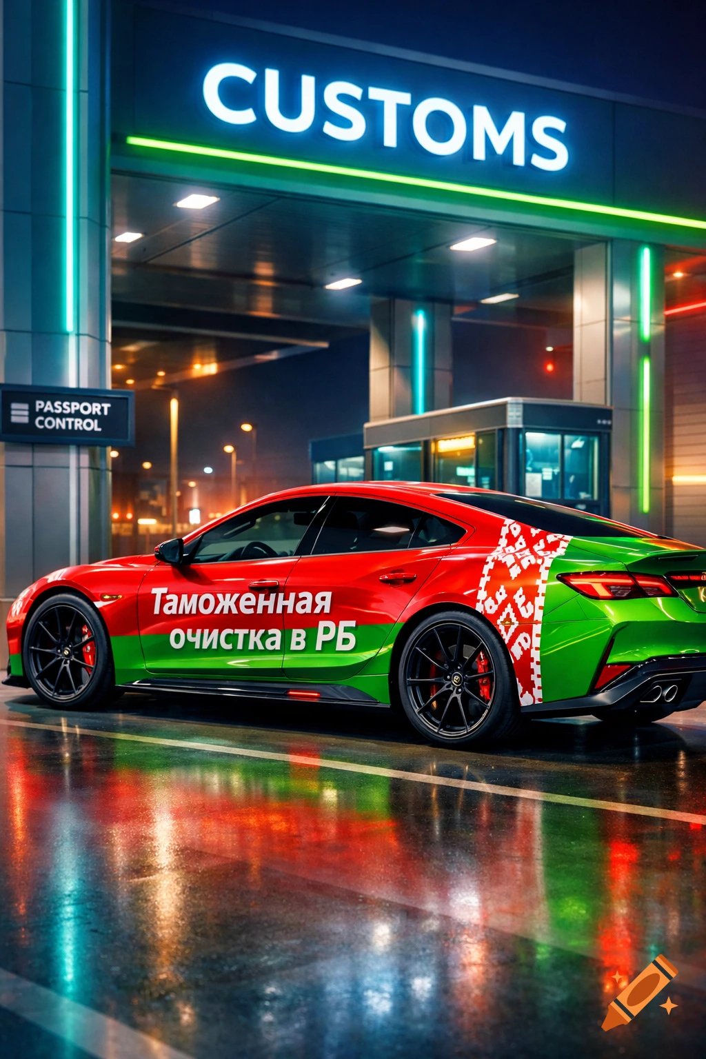 Modern red and green car with Belarus flag design and Cyrillic text at a brightly lit customs terminal at night.