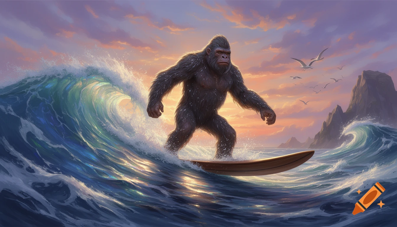A large, hairy Sasquatch surfs a tall ocean wave at sunset, with mountains and seagulls in the background.