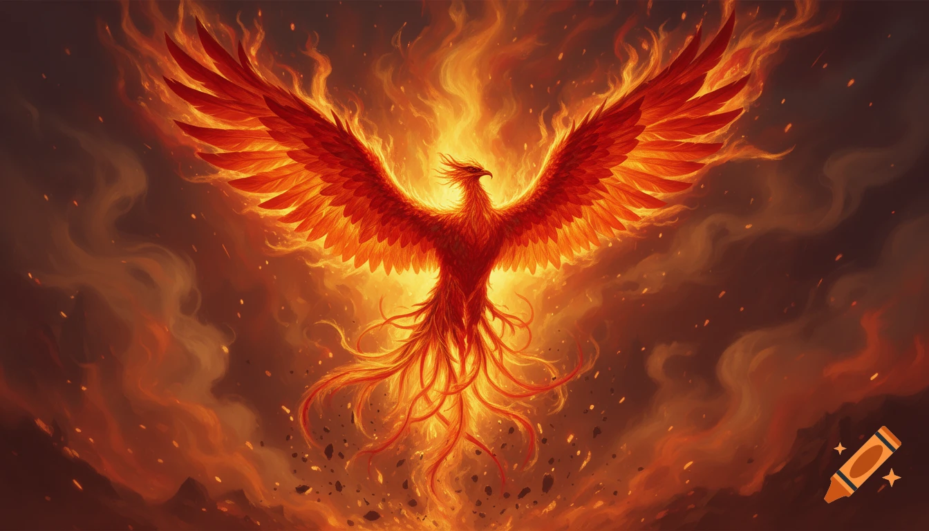 A vibrant, fiery phoenix with outstretched wings rises dramatically ...