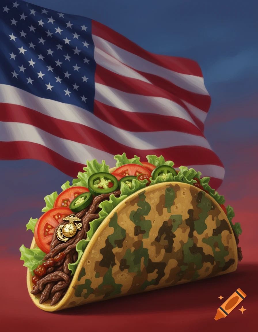 A camouflage-patterned taco with a Marine Corps emblem, lettuce, tomatoes, and jalape os, against a waving American flag.
