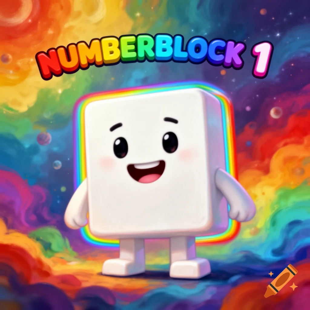A happy, white block character with 'NUMBERBLOCK 1' text above, on a vibrant rainbow background.