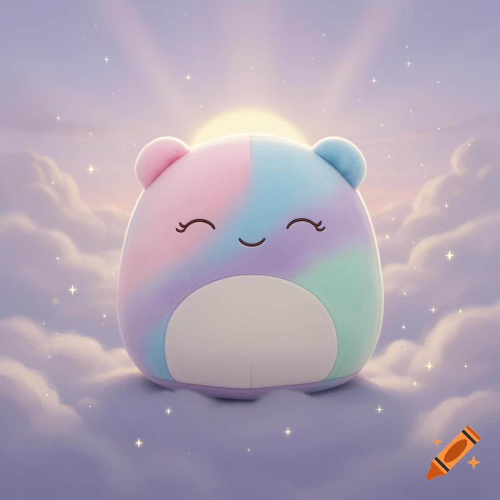 A cute, pastel rainbow squishmellow plush toy with a happy face, floating on soft clouds with sparkling stars and a sunrise in the background.