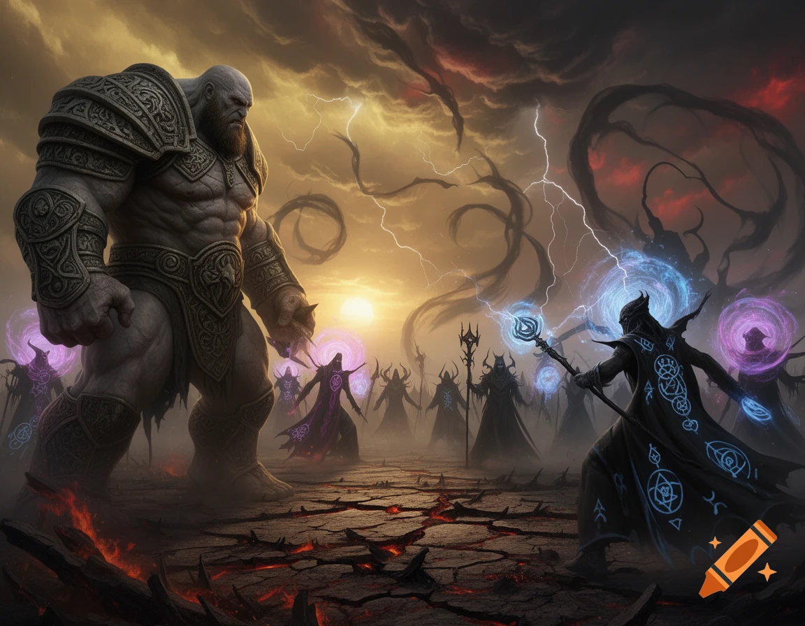 A giant, armored titan confronts dark sorcerers casting magic on a cracked, fiery battlefield under a stormy, lightning-filled sky.