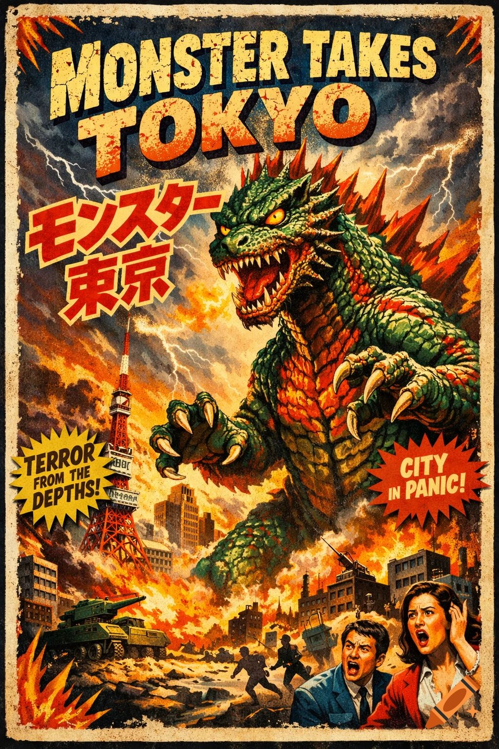 A vintage movie poster depicts a green kaiju monster attacking Tokyo, with people fleeing and the Tokyo Tower amidst a stormy sky.