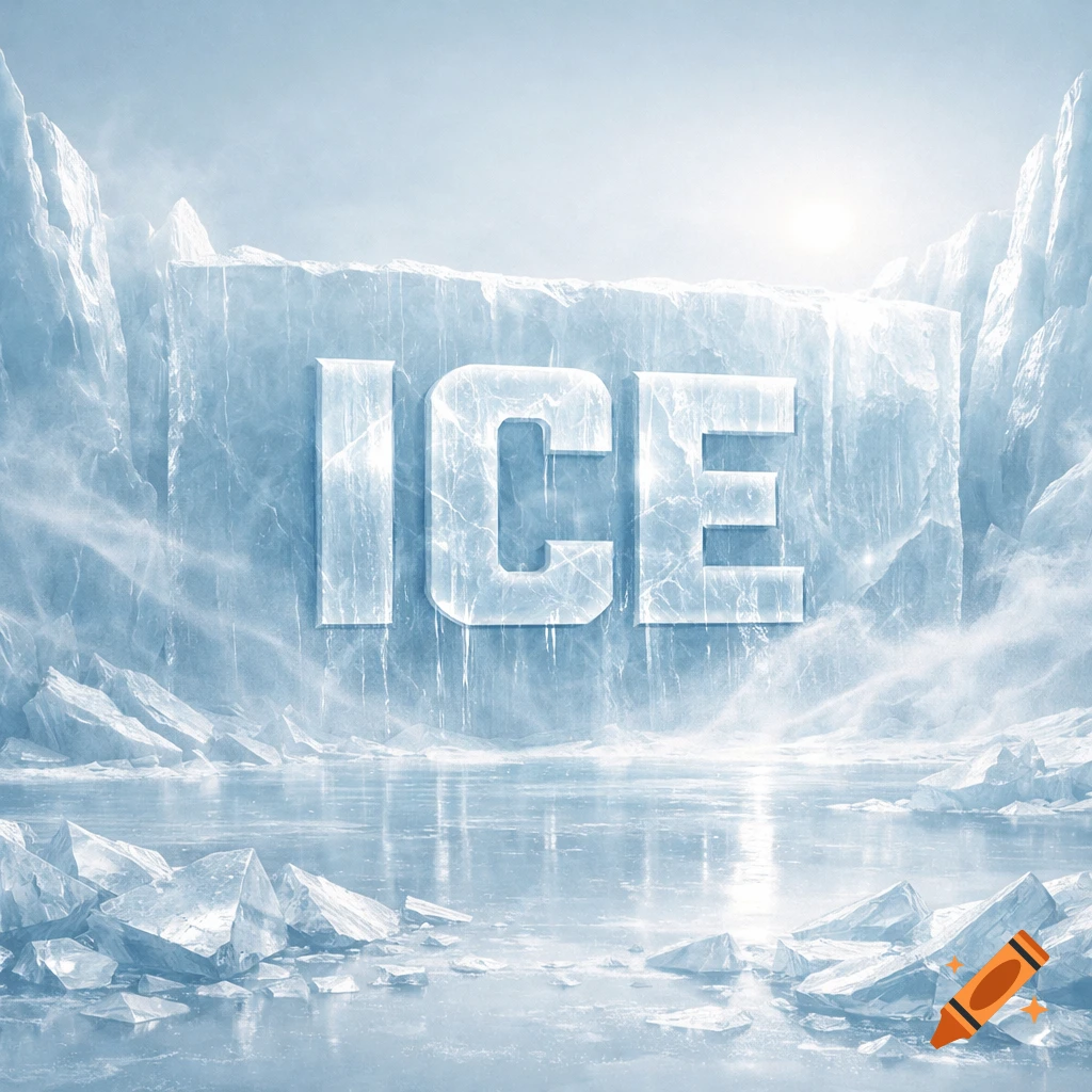 Large icy letters spelling ICE on a massive ice wall within a frozen landscape with ice shards in the foreground.