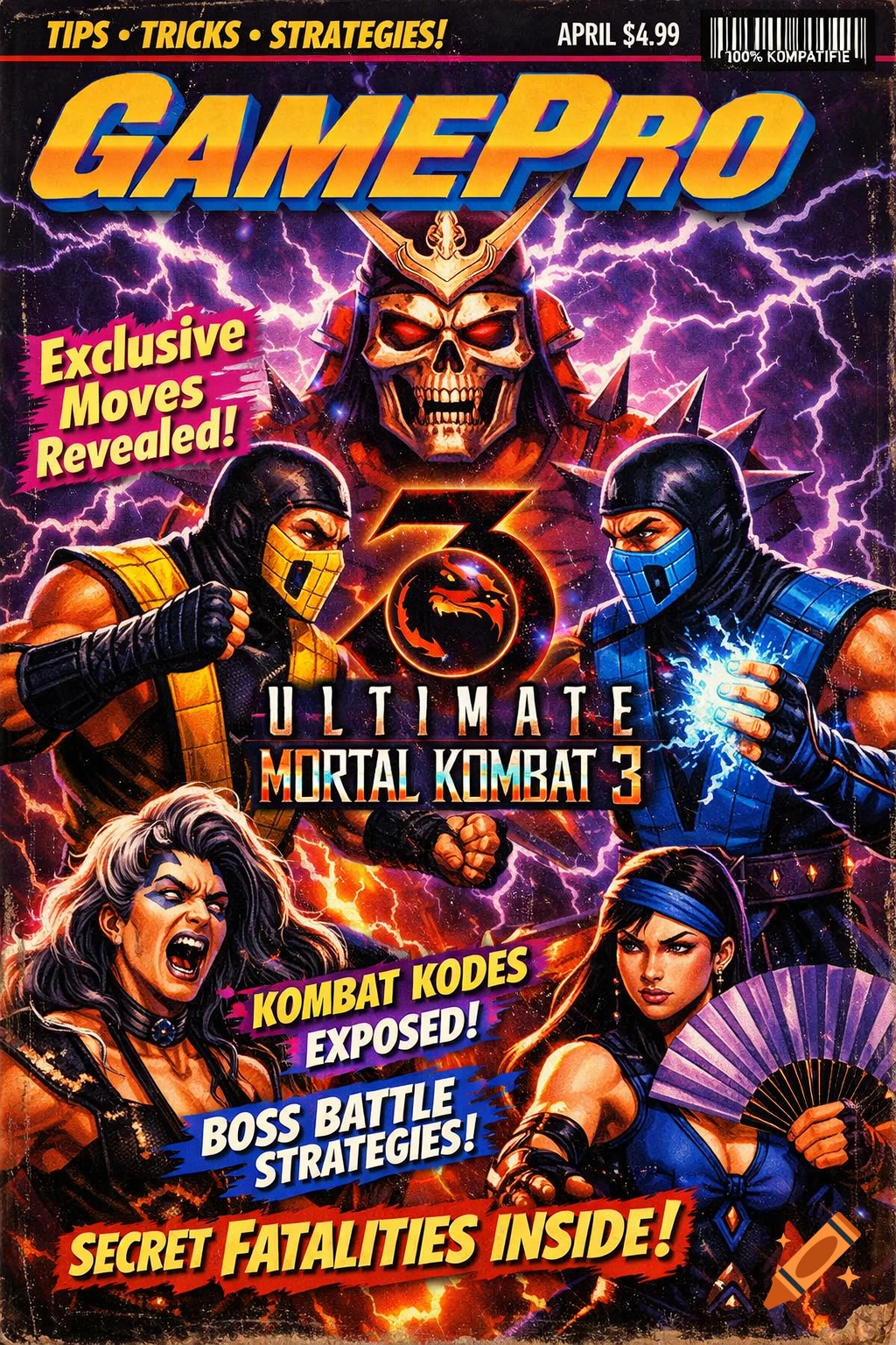 A vintage-style GamePro magazine cover for Ultimate Mortal Kombat 3, featuring Scorpion, Sub-Zero, and other characters around a skull lord.