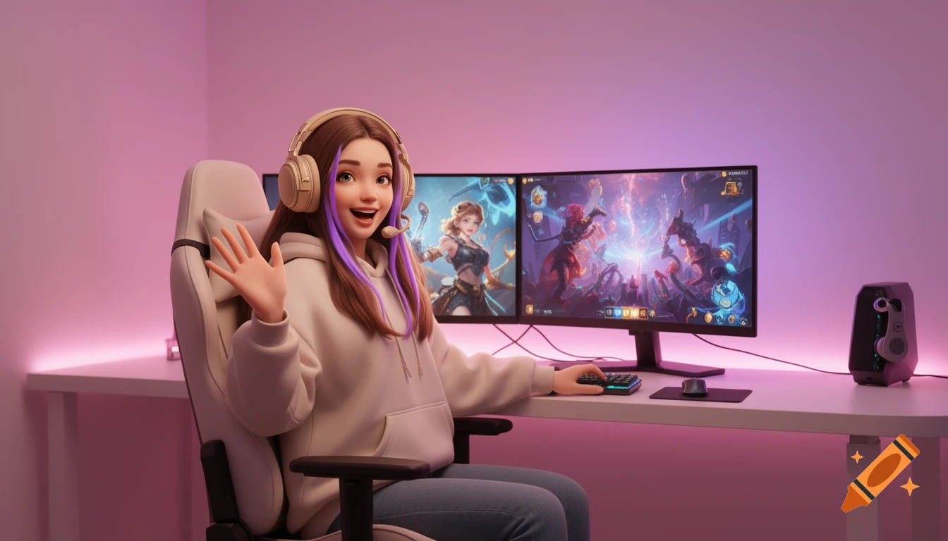 A semi-realistic stylized girl with brown hair and purple strands, wearing a beige headset and hoodie, waves from her gaming chair at a desk with dual monitors showing game screens, surrounded by pink and purple LED lights.