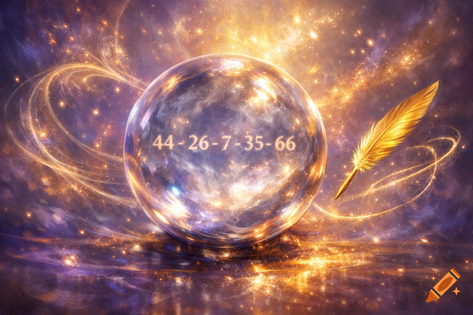 A glowing magic sphere with lotto numbers '44-26-7-35-66' and a golden quill, against a shimmering cosmic background.