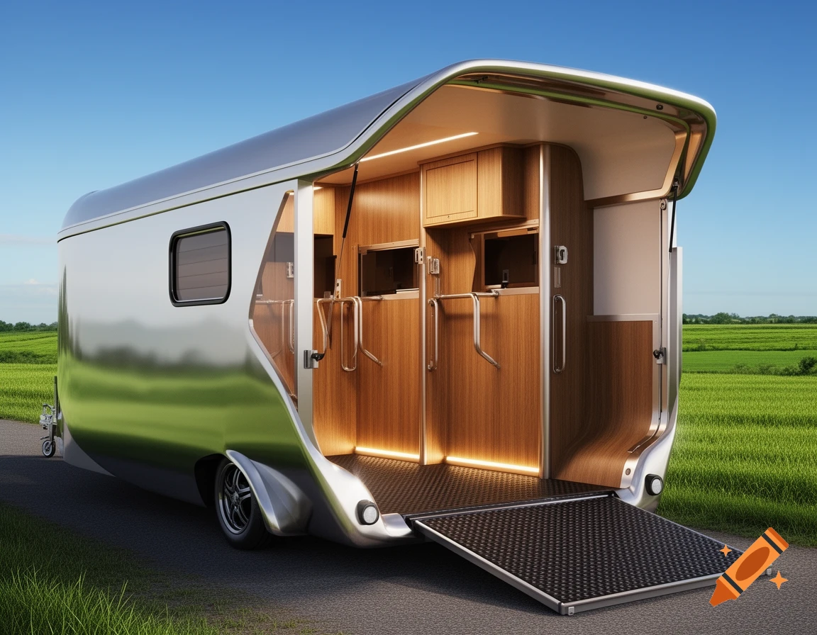 A modern, shiny silver horse trailer with its rear ramp lowered, revealing a sleek wooden interior, parked on a road next to a green field.