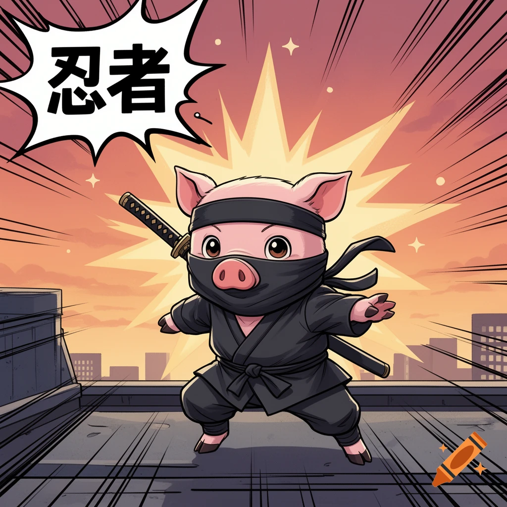 Cartoon pig dressed as a ninja on a rooftop at sunset, with Japanese text for 'ninja' in a speech bubble.