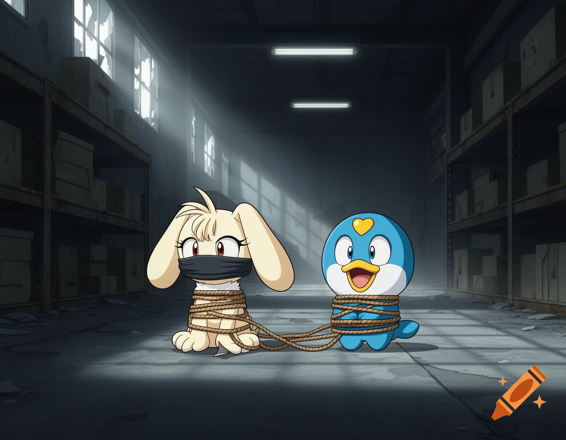 Cream the Rabbit and Cheese the Chao are tied and gagged in a gloomy anime-style warehouse.