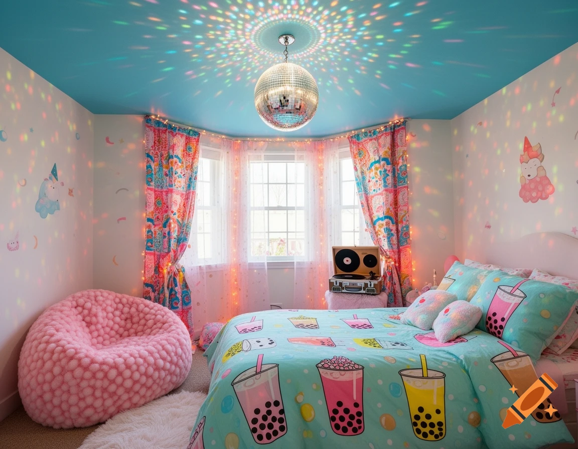A vibrant, colorful bedroom with a disco ball on the ceiling casting lights, a pink beanbag, and a bed with boba tea themed bedding.