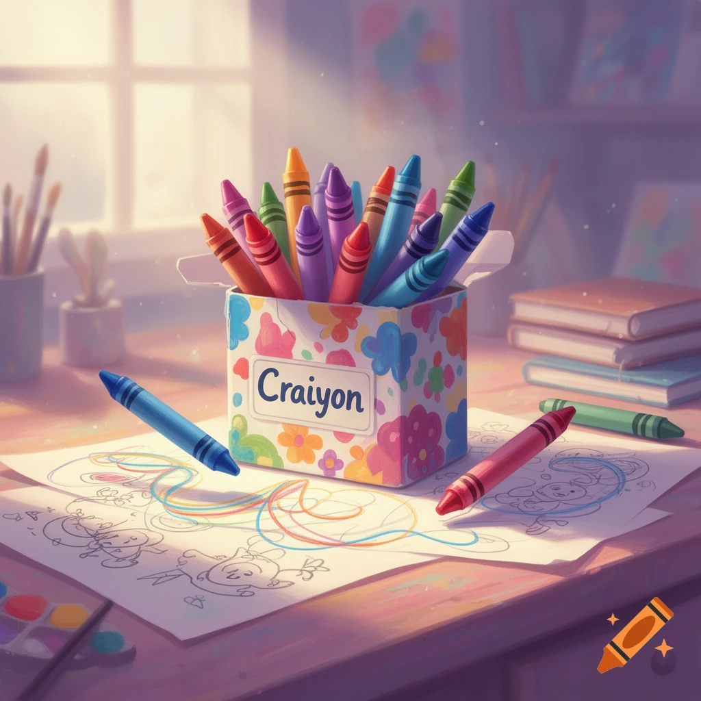 A colorful box of crayons, a blue and a red crayon, and papers with drawings on a desk in an illustrative style.