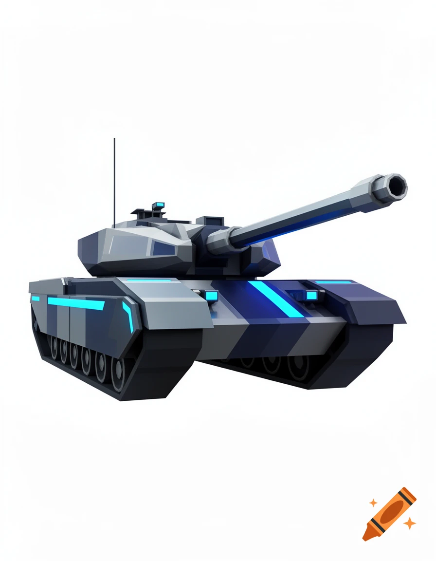A low-poly 3D render of a modern sci-fi tank in dark gray and blue with glowing blue accents and a long cannon.