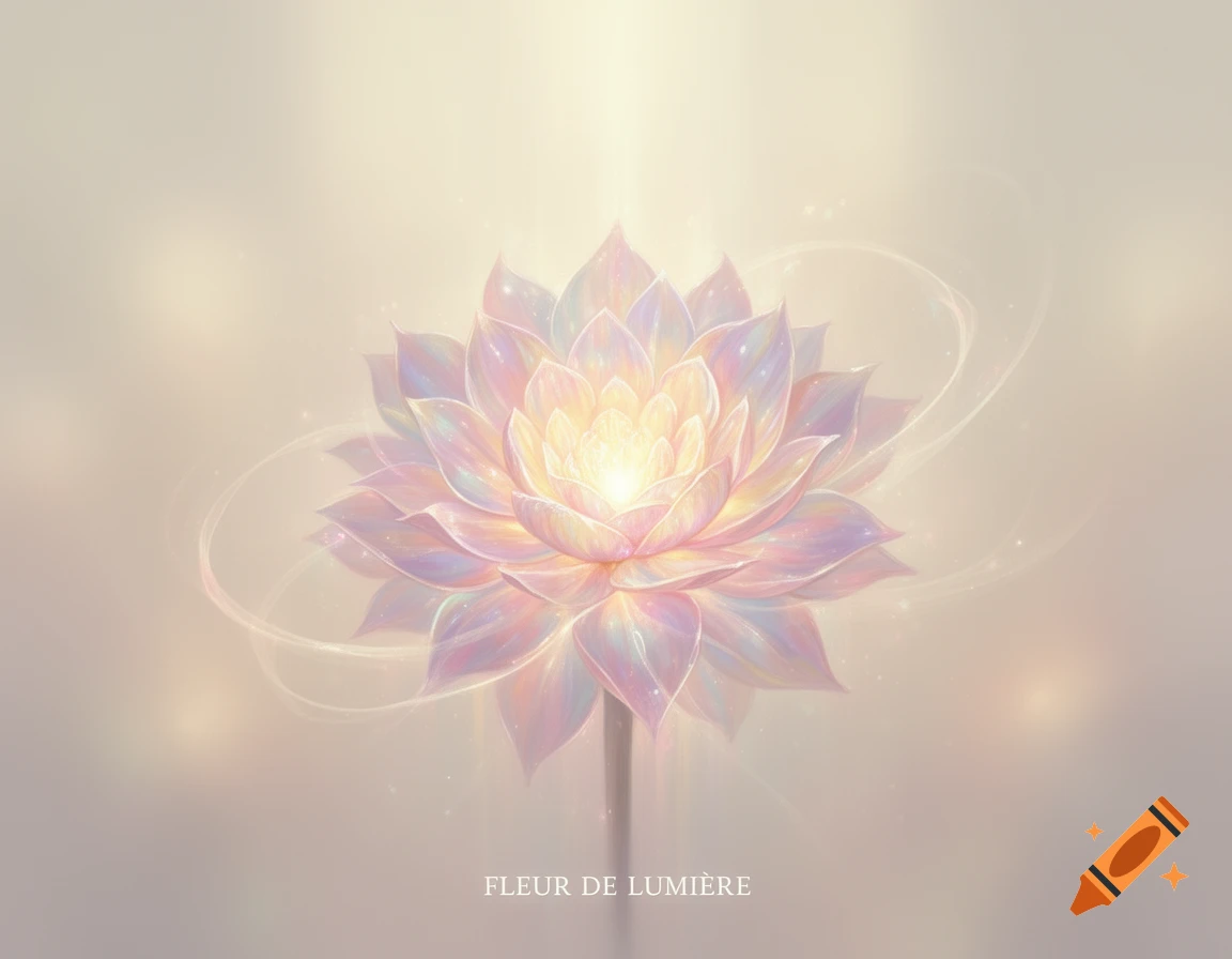 A vibrant, glowing lotus flower with iridescent petals and sparkling light trails against a soft, ethereal background.