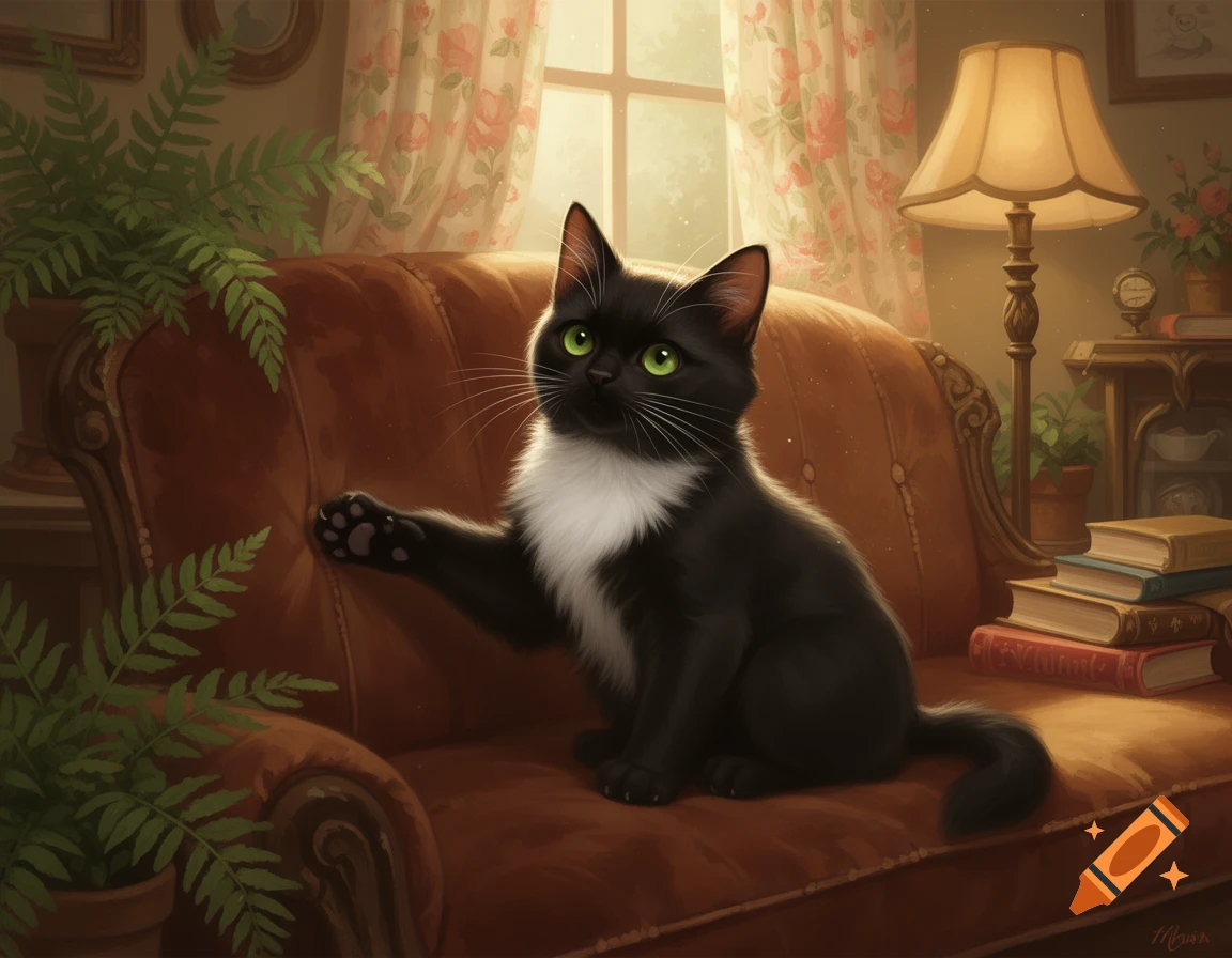A cute black cat with a white chest sits on a brown sofa, paw raised towards a fern, in a cozy sunlit room.