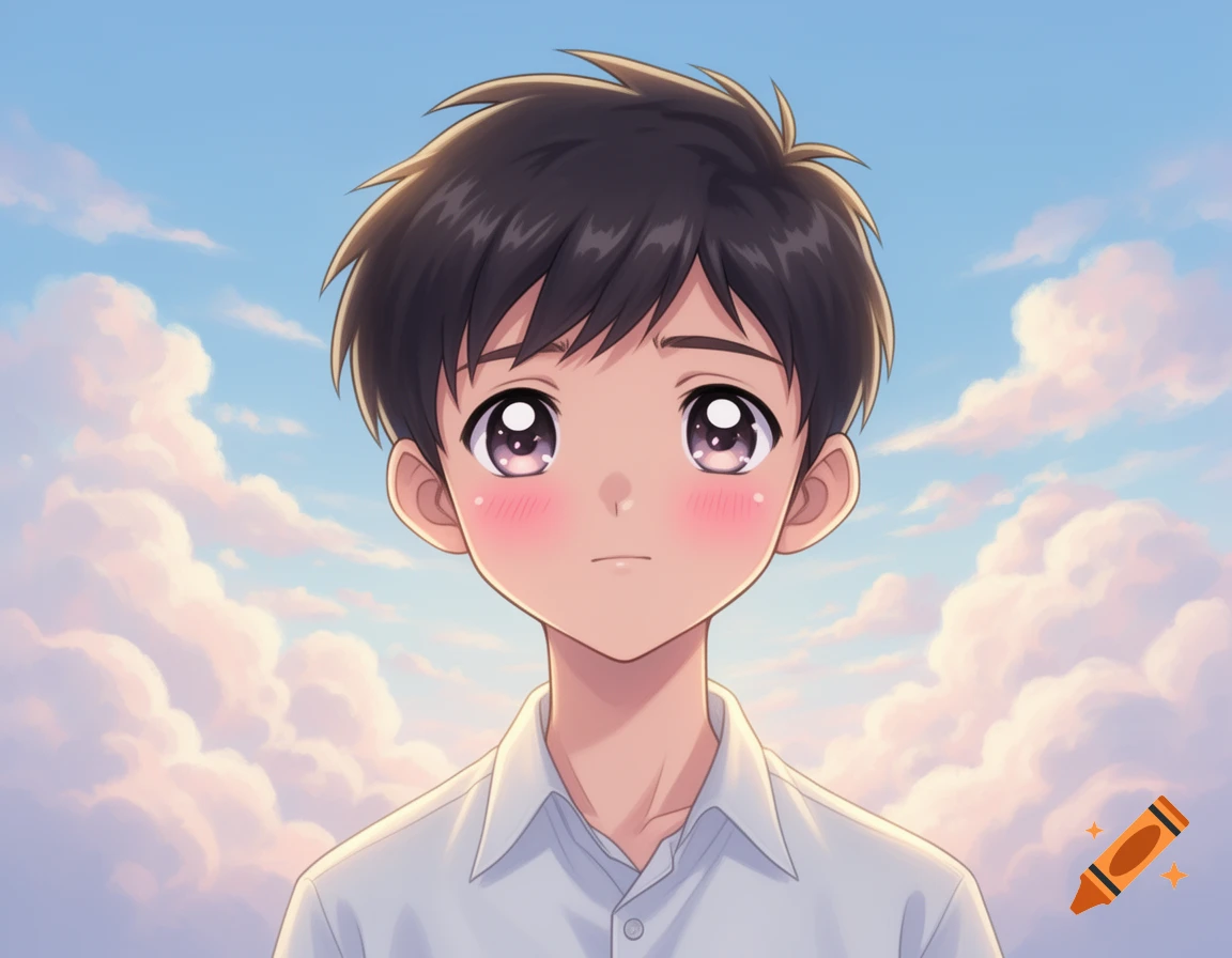 An anime-style boy with dark hair, rosy cheeks, and large purple eyes wears a white shirt against a cloudy blue sky.