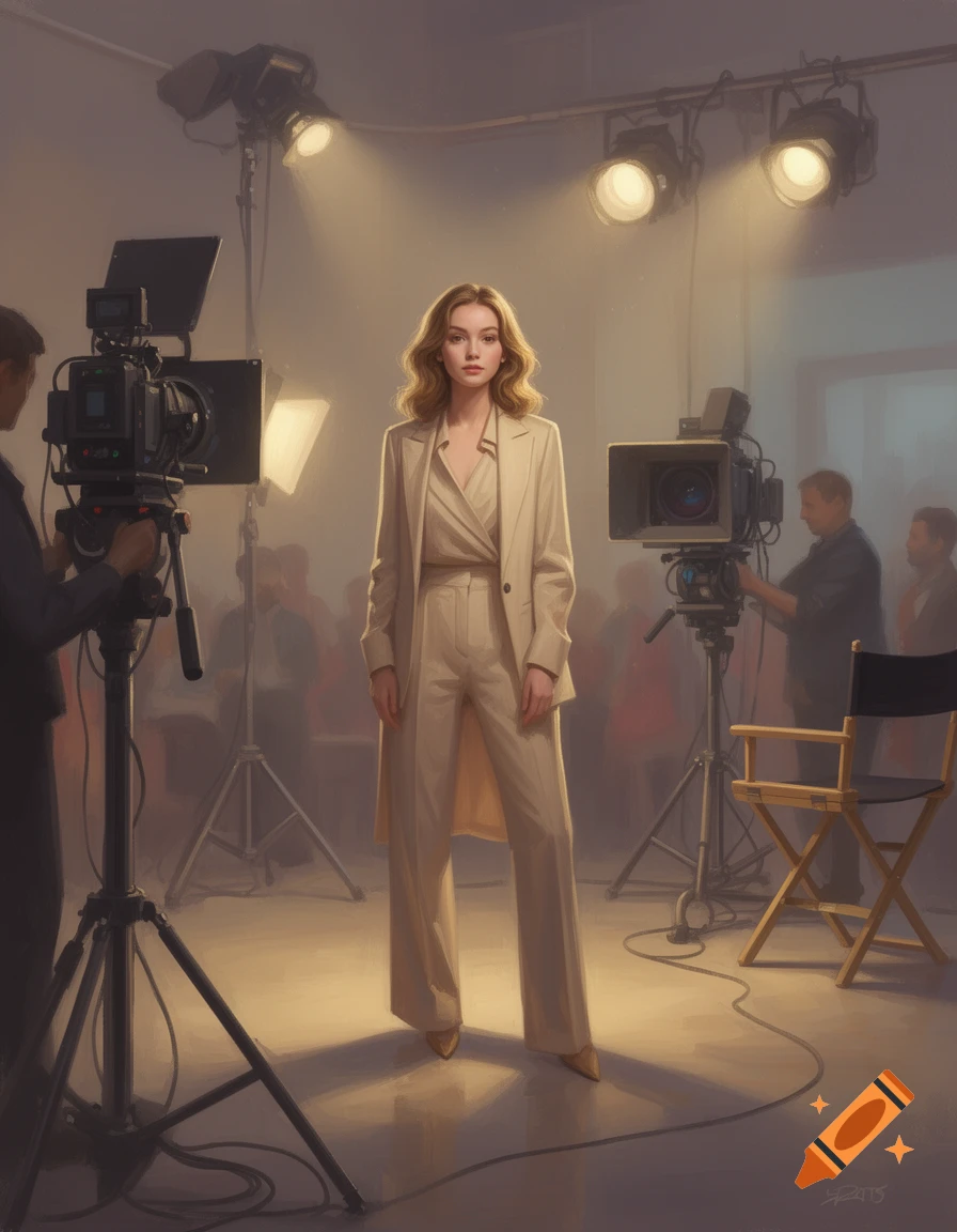 A woman in a light-colored pantsuit stands illuminated on a film set, surrounded by cameras, lights, and crew in a painterly style.
