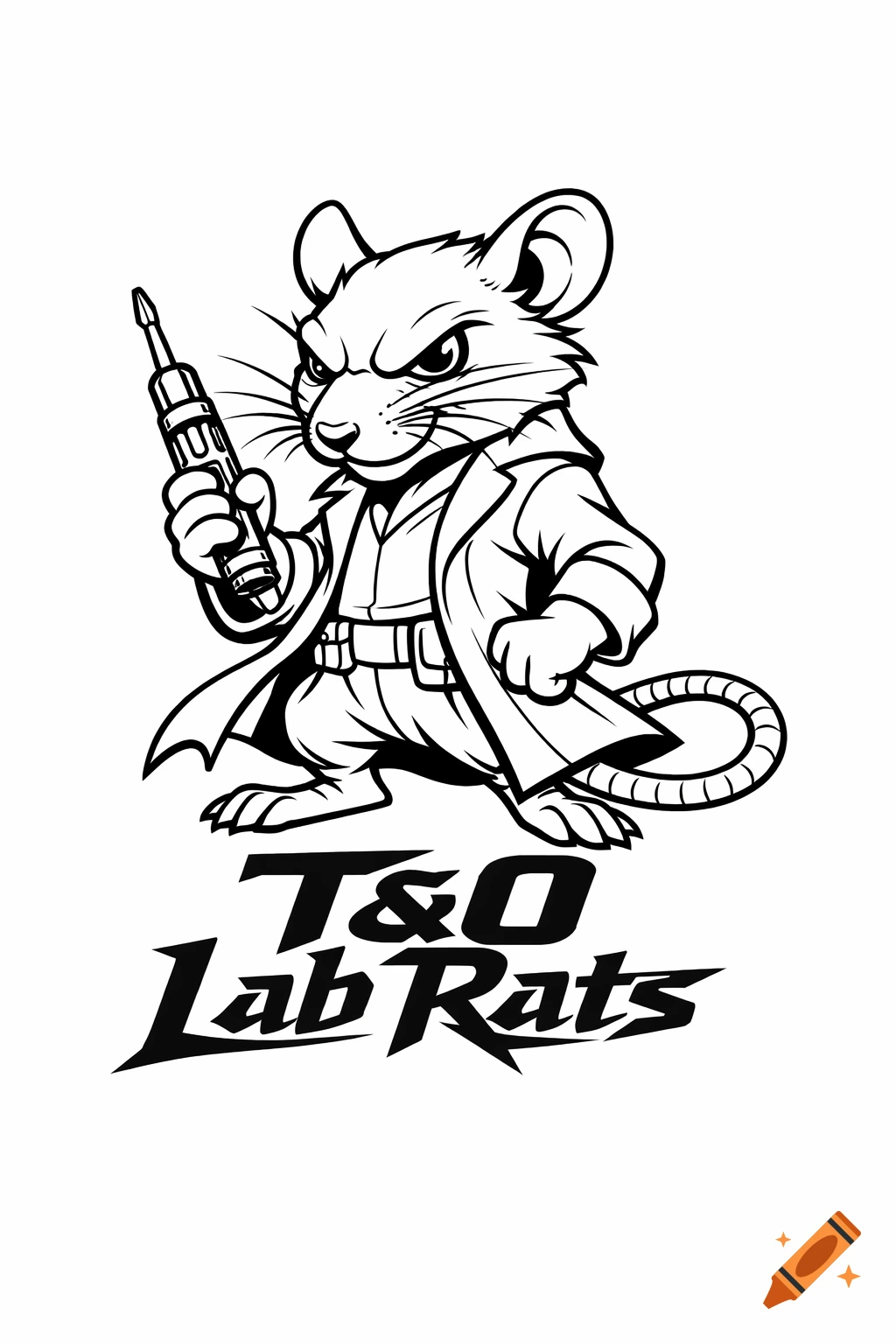 Black and white cartoon of a fierce rat in a lab coat holding a ...