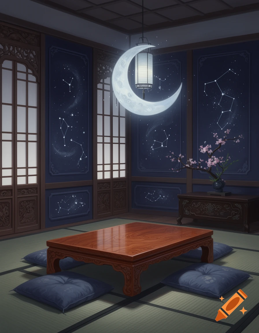 A Japanese-style room at night with a large crescent moon lantern, constellations on blue walls, a low wooden table, and cushions on tatami mats.