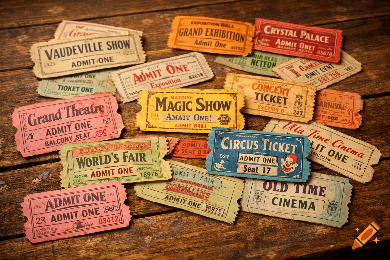 A flat lay of various old, weathered event tickets in different colors and designs on a rustic wooden table.