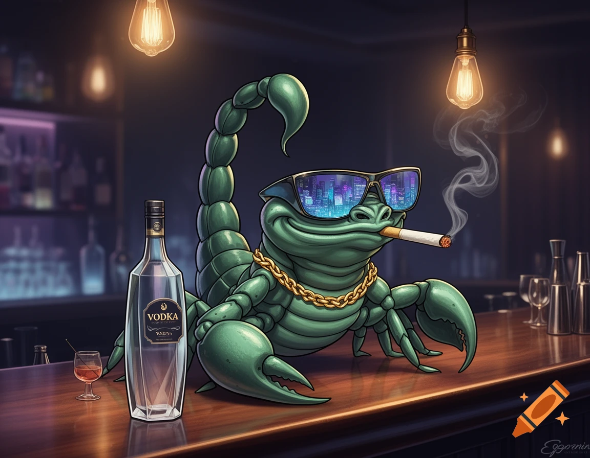 Cartoon green scorpion with sunglasses and a gold chain, smoking a cigarette at a bar next to a vodka bottle.